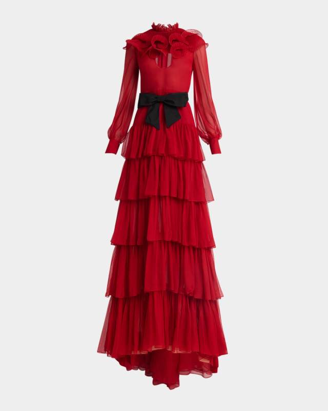 Ruffled Long Keyhole Chiffon Gown With Bow Detail